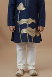 Navy Blue Lotus Foil Printed Kurta Set For Boys