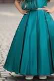 Teal Green Off-Shoulder Pleated Bow Party Gown For Girls