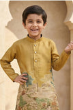Mustard Scenic Print Kurta with Cream Pajama Set For Boys