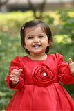 Elegant Cherry Red Party Frock with Center Flower Detail For Girls