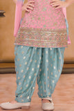 Pink Sleeveless Kurti with Foil-Print Teal Patiala And Dupatta For Girls