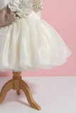 Cream Shimmer Party Frock with Sequin Floral Bow for Girls