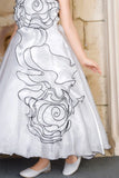 White Spiral 3D Petal Appliqué Party Gown For Girls