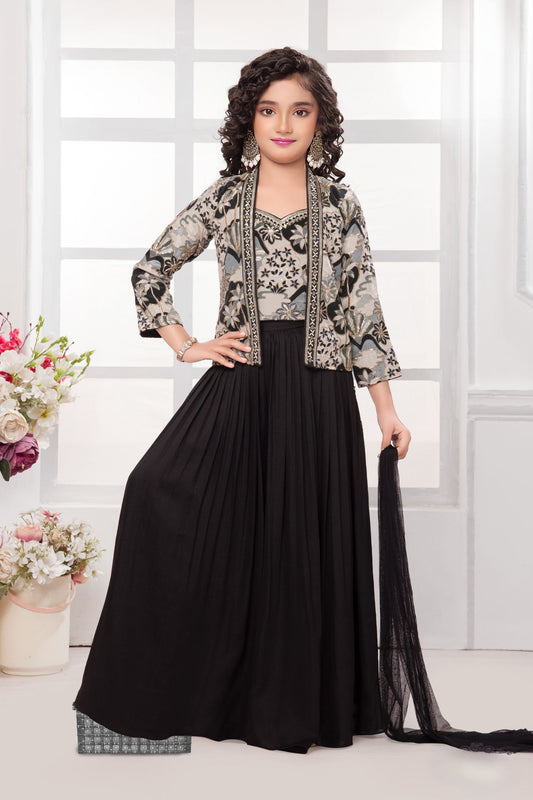 Black Palazzo Set with Embroidered Jacket and Dupatta For Girls