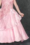 Pink Layered Organza Party Gown with Asymmetric Sequin Embroidery For Girls