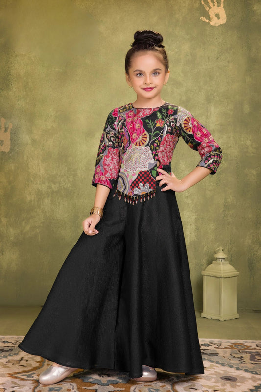 Black & Multicolor Embroidered Palazzo Set For Girls