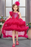 Rani Pink Sequin High-Low Party Dress with Layered Ruffle Hem For Girls