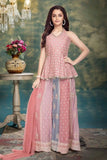 Pink Sequins Embroidered Peplum Palazzo Set with Dupatta For Girls
