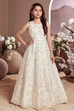 Cream Embroidered Party Wear Gown With Sequin Work For Girls