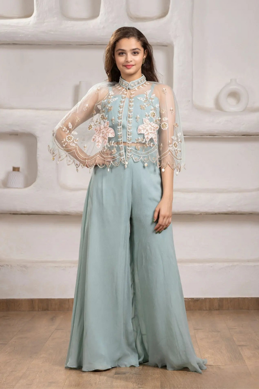 Pastel Blue Cape Style Palazzo Set With Sequin Floral Embroidery For Girls