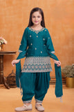 Rama Green Embroidered Patiala Set For Girls