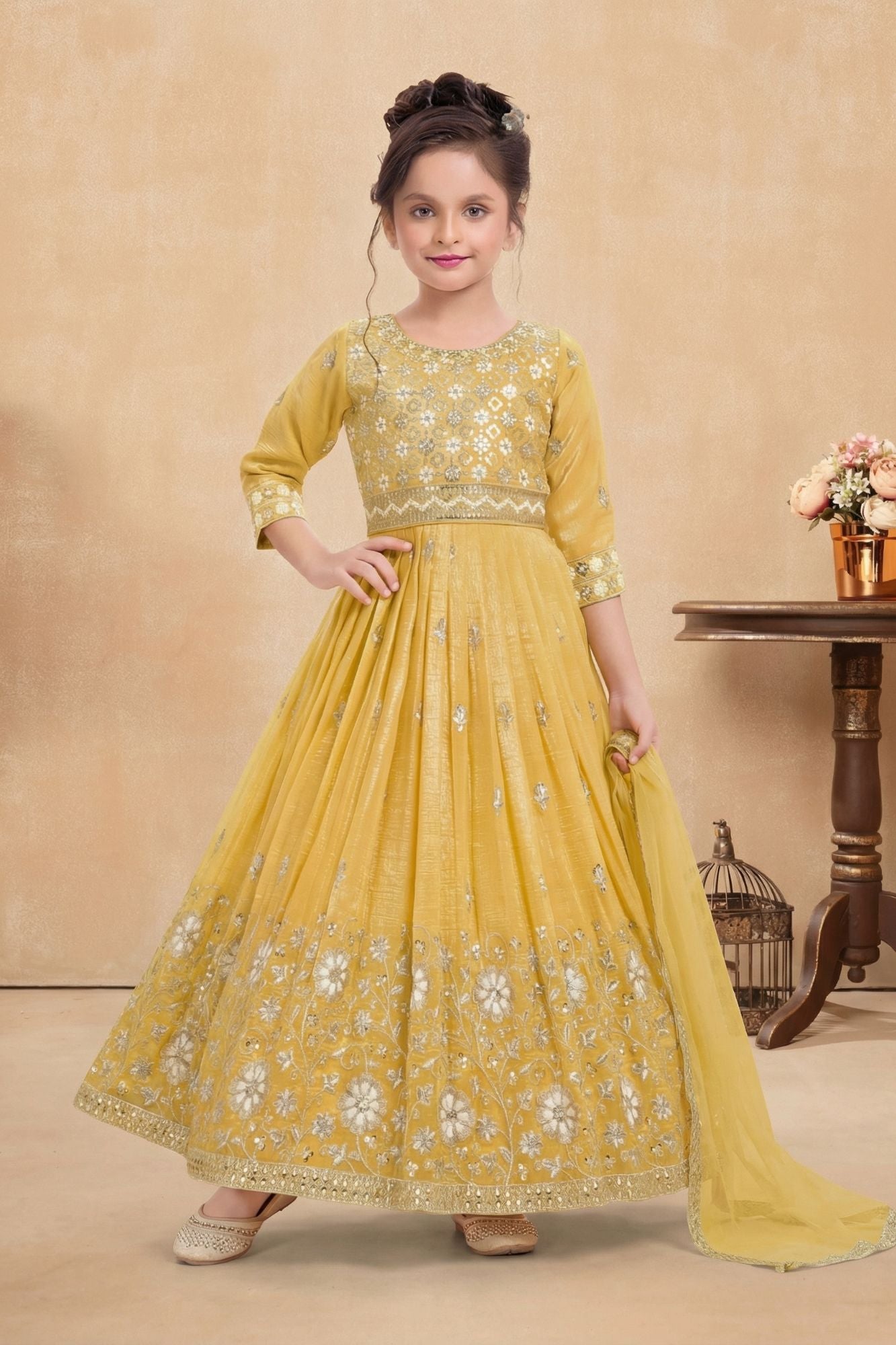 Mustard Yellow Embroidered Ethnic Gown with Dupatta For Girls 5-6Y(24) Mustard Yellow Embroidered Ethnic Gown with Dupatta For Girls 5-6Y(24)