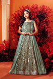 Designer Olive Green Festive Gown with Layered Cape Look For Girls