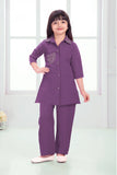 Purple Casual Top With Matching Straight Pant Set For Girls