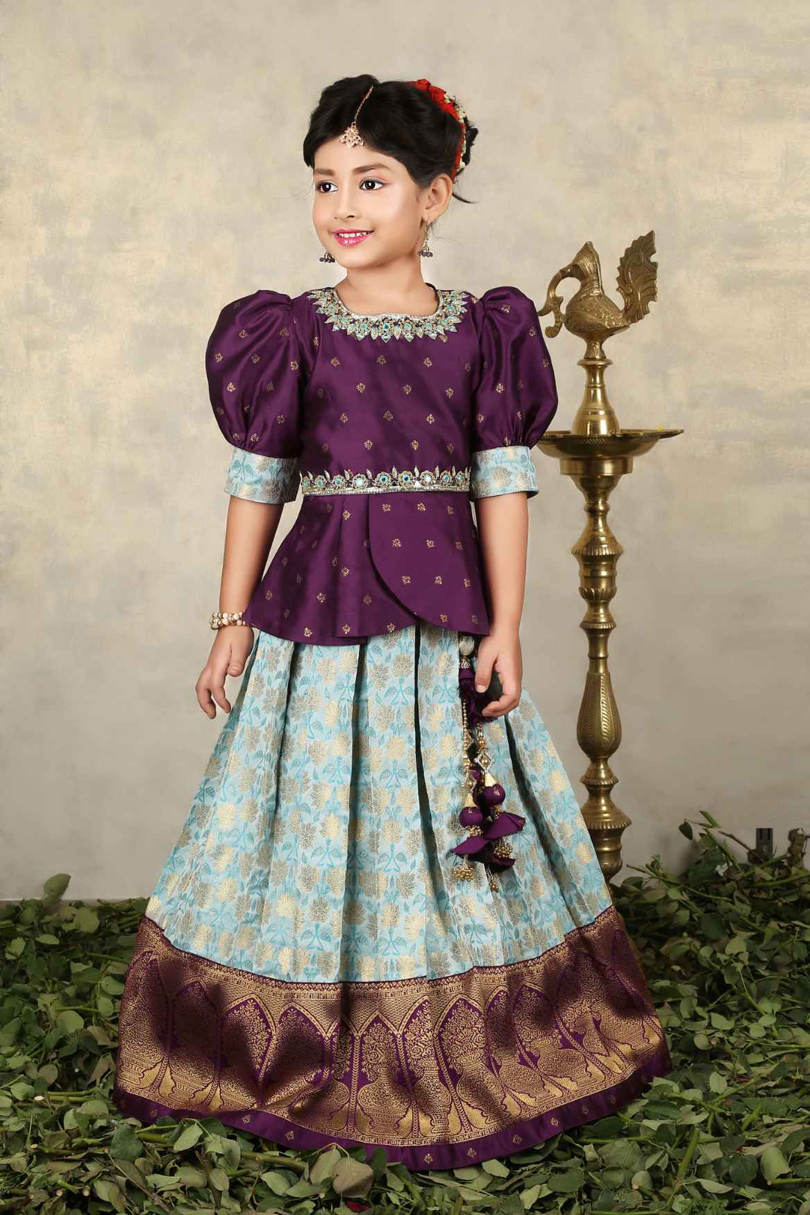 Wine And Blue Banarasi Silk Pattu Lehenga Choli Set For Girls