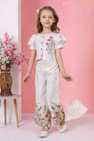 Off White Floral Printed Top and Wide Legged Pant Set With Hand Bag For Girls