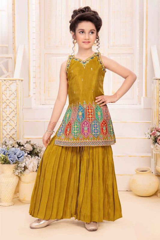Mustard Zari Embroidered And Sequins Palazzo Set For Girls