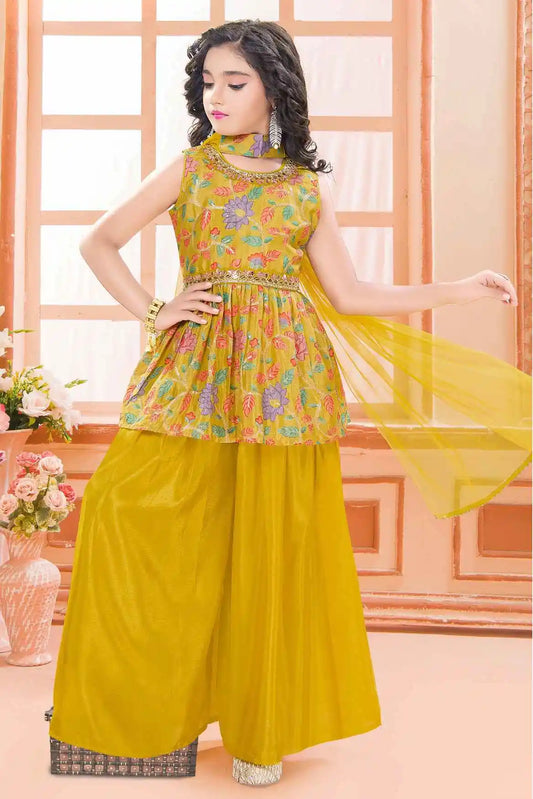 Mustard Yellow Palazzo Set With Embroidered Peplum Top For Girls