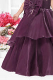 Wine Layered Party Wear Gown with Statement Bow Accents For Girls
