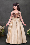 Gold Embellished Party Gown with 3D Rose Appliqué Bodice For Girls