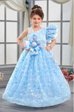 Sky Blue One-Shoulder Bow Party Gown for Girls