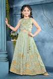 Mint Green Embroidered Lehenga Choli Set with Latkan Tie-Up For Girls