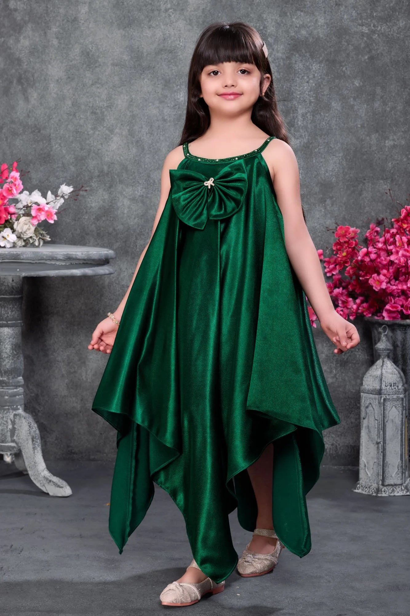 Emerald Green Party Wear High-Low Frock with Bow Detail For Girls  Lagorii  Kids