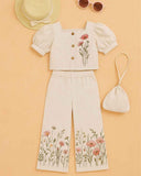 Off White Floral Printed Top and Wide Legged Pant Set With Hand Bag For Girls
