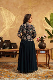 Teal Blue Sequins Worked And Embroidered Palazzo Set With Overcoat For Girls