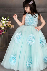 Blue Party Wear Gown With Floral Embellishments For Girls
