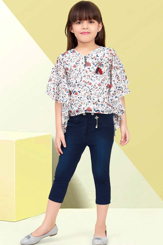 Blooming Elegance: Girls' White Floral Top with Jeans Pant. - Lagorii Kids