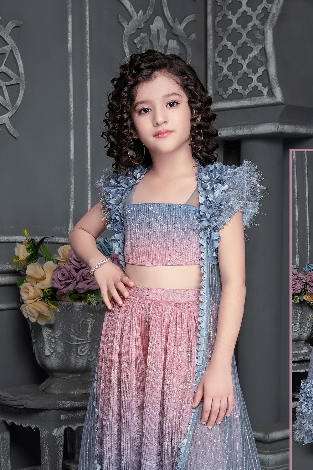 Blue and pink shimmer party wear Co-Ord set for girls. - Lagorii Kids