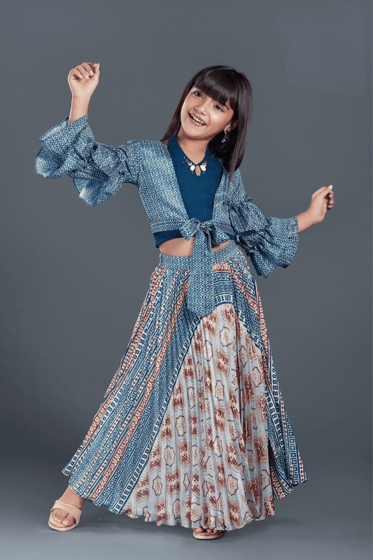 Blue Block Printed Skirt Set With Bulgarian Sleeves Overcoat and Crop Top For Girls - Lagorii Kids