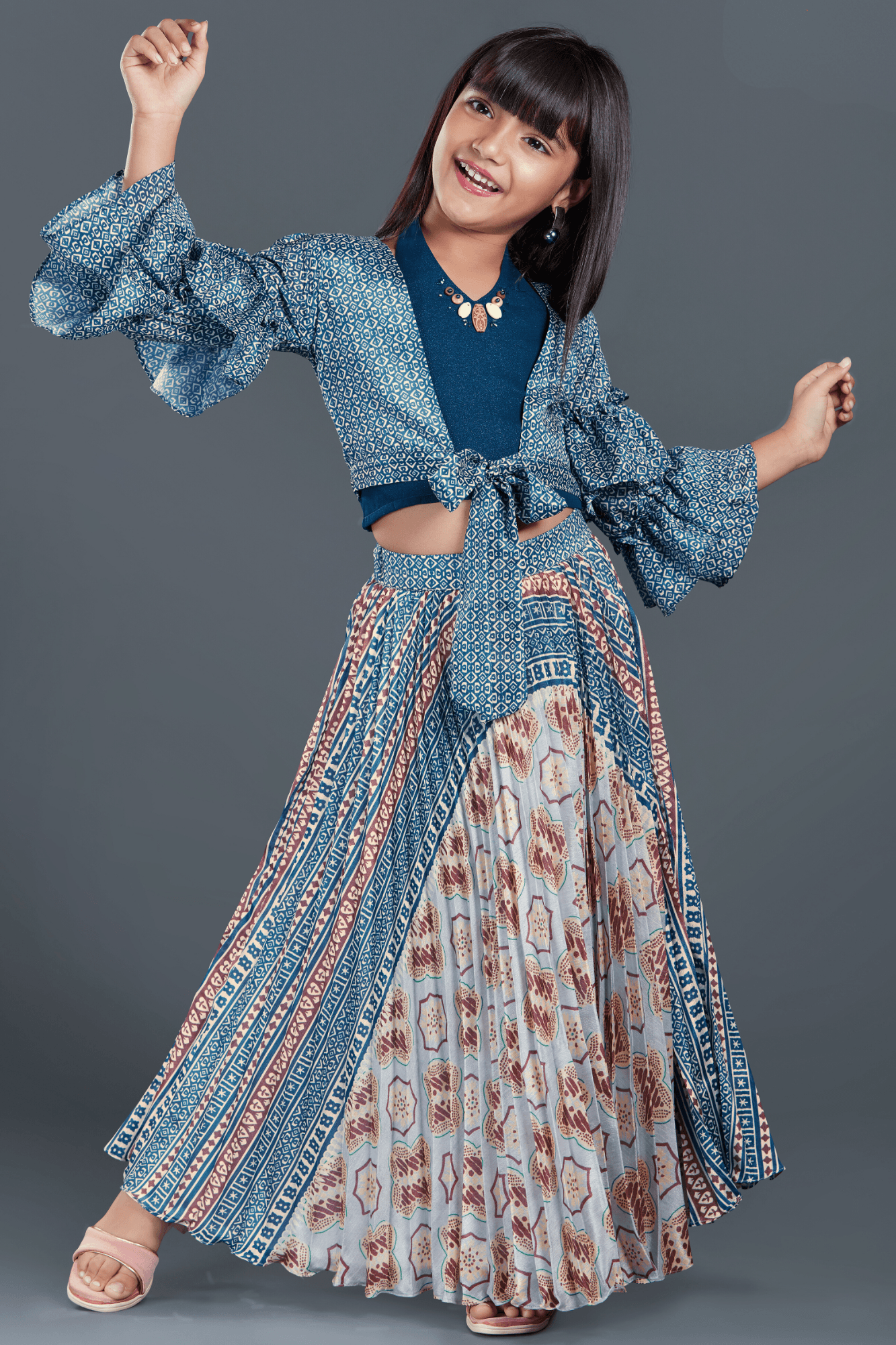 Blue Block Printed Skirt Set With Bulgarian Sleeves Overcoat and Crop Top For Girls - Lagorii Kids