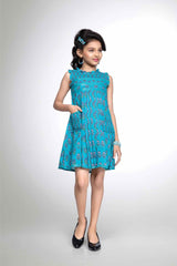 Blue Floral Printed Cotton Frock With Pleats Pattern And Pockets For Girls - Lagorii Kids