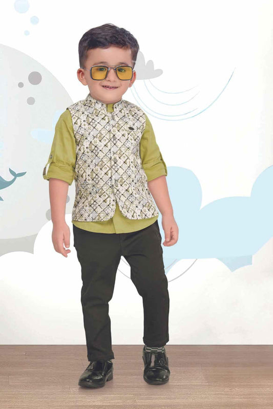Cream Waist Coat Set With Green Shirt For Boys - Lagorii Kids