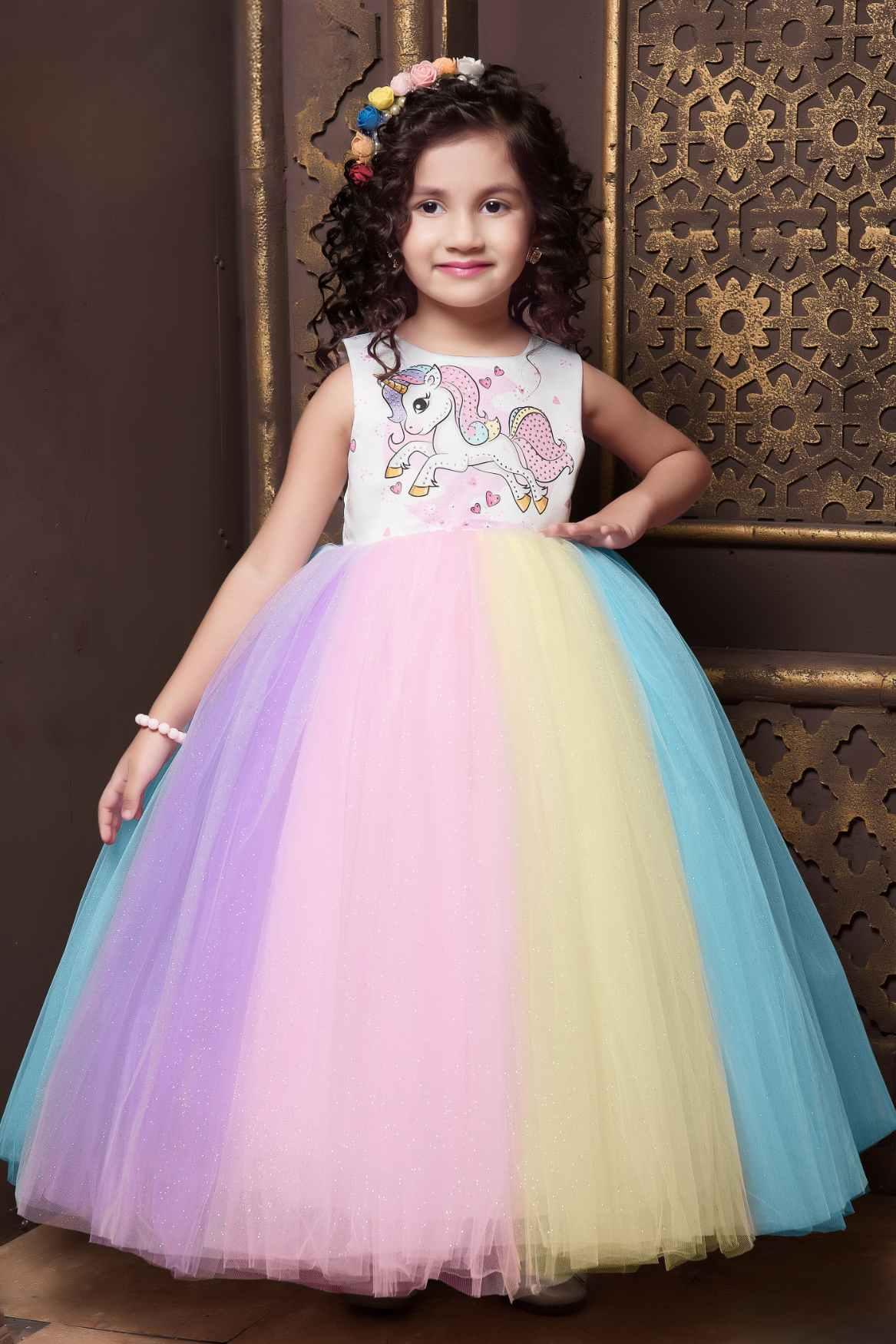 Cute Multicolor Unicorn Net Gown For Girls - Lagorii Kids