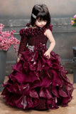 Designer Multilayer Ruffled Maroon Gown With Floral Embellishments For Girls - Lagorii Kids