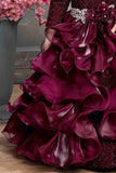 Designer Multilayer Ruffled Maroon Gown With Floral Embellishments For Girls - Lagorii Kids