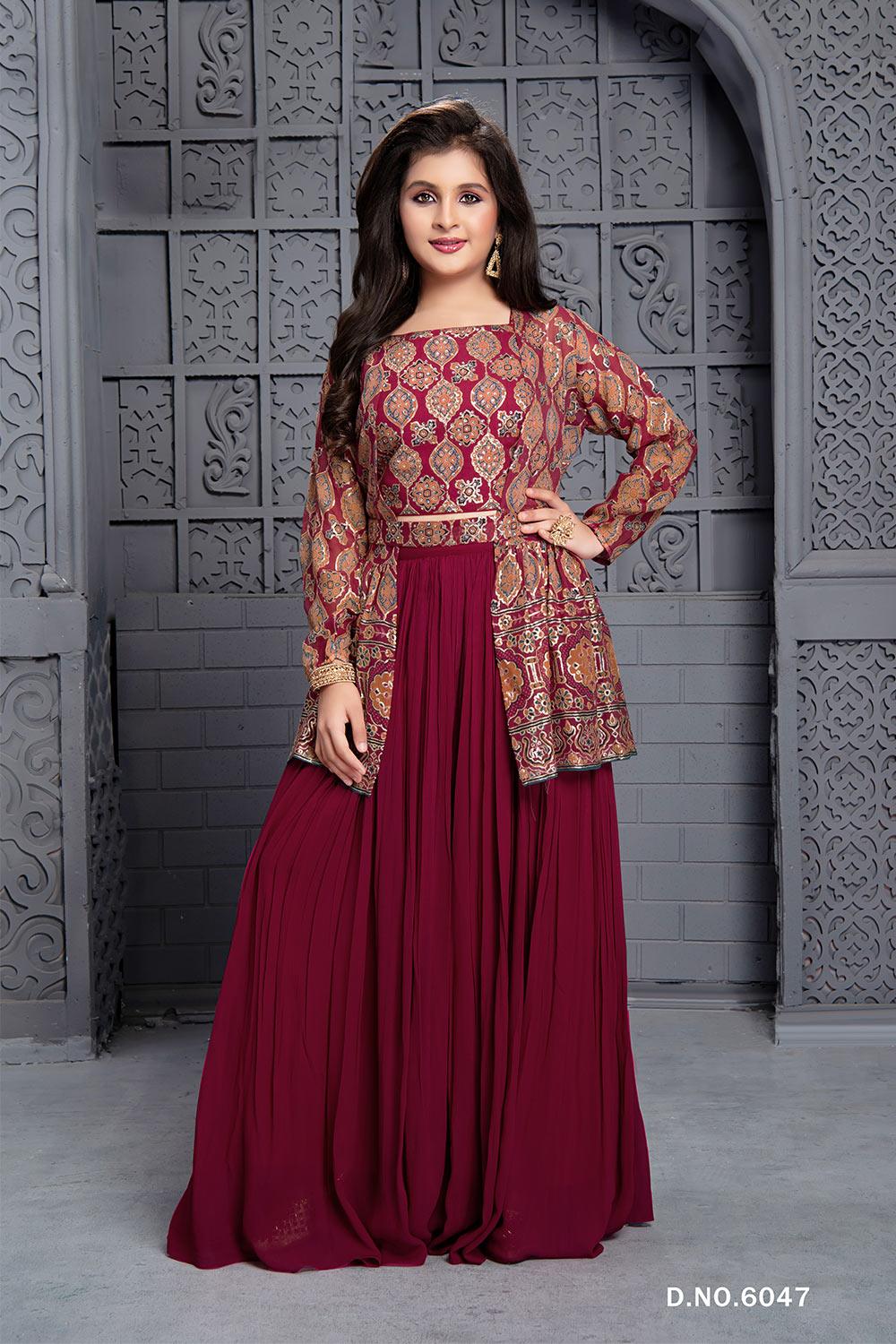 Floral Finesse: Maroon Printed Crop Top, Palazzo Pant Set Ensemble for Girls.  – Lagorii Kids