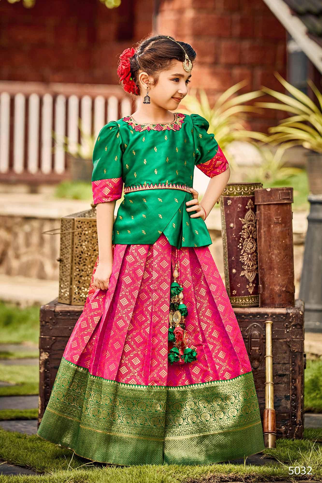 Green and Pink Pattu Pavadai for Girls - Lagorii Kids