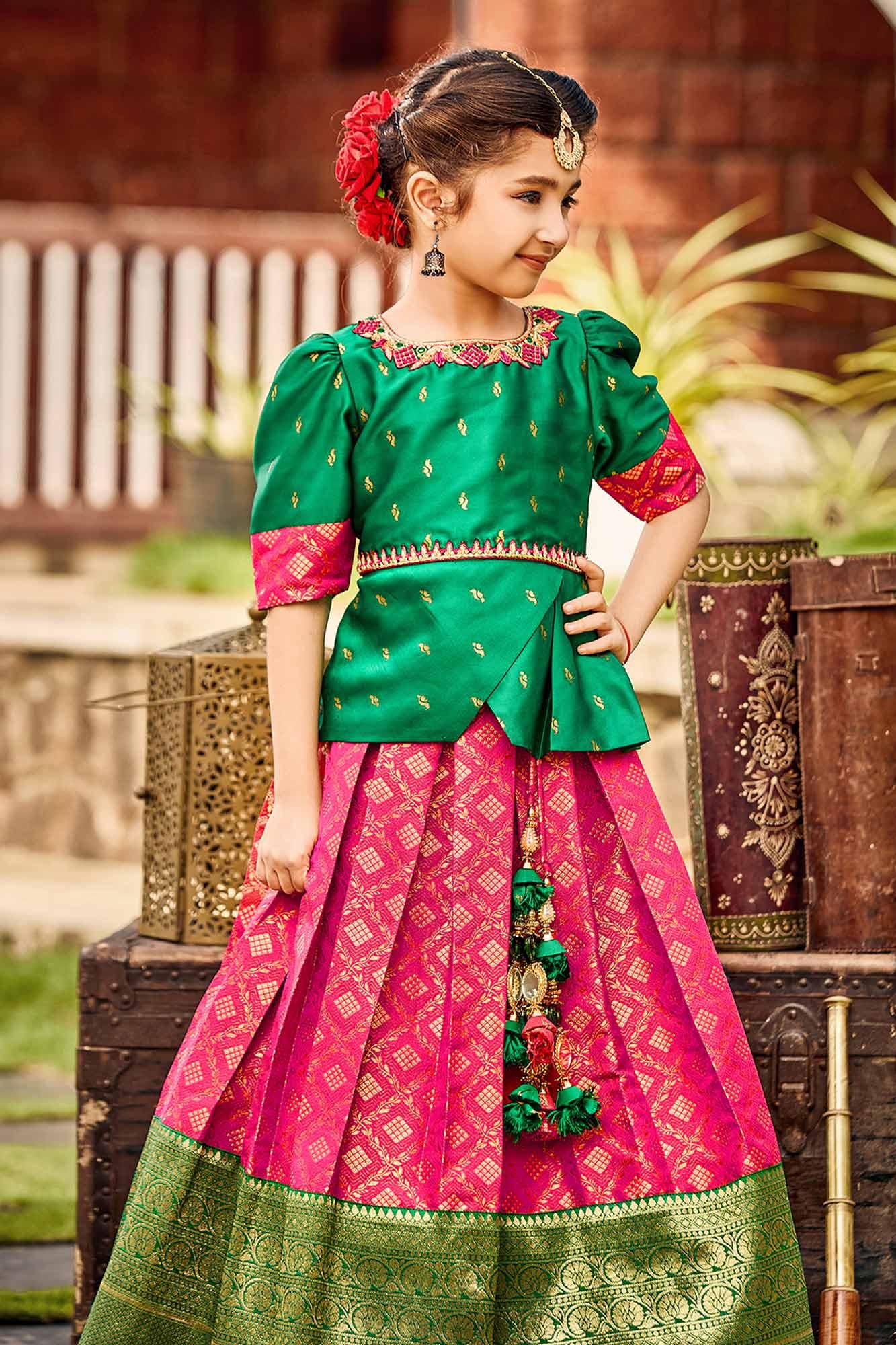 Green and Pink Pattu Pavadai for Girls - Lagorii Kids