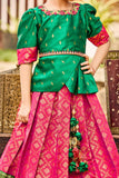 Green and Pink Pattu Pavadai for Girls - Lagorii Kids