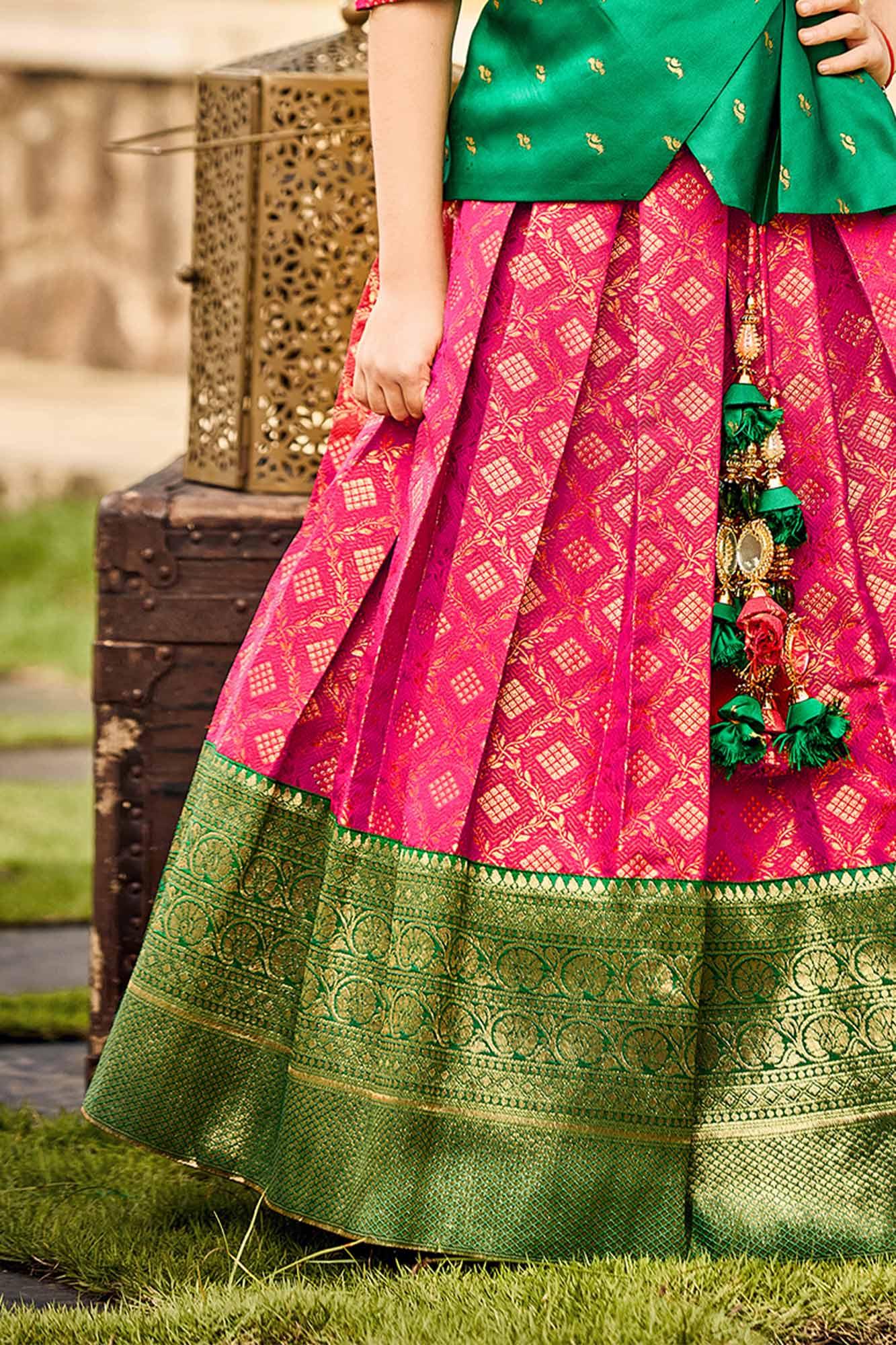 Green and Pink Pattu Pavadai for Girls - Lagorii Kids
