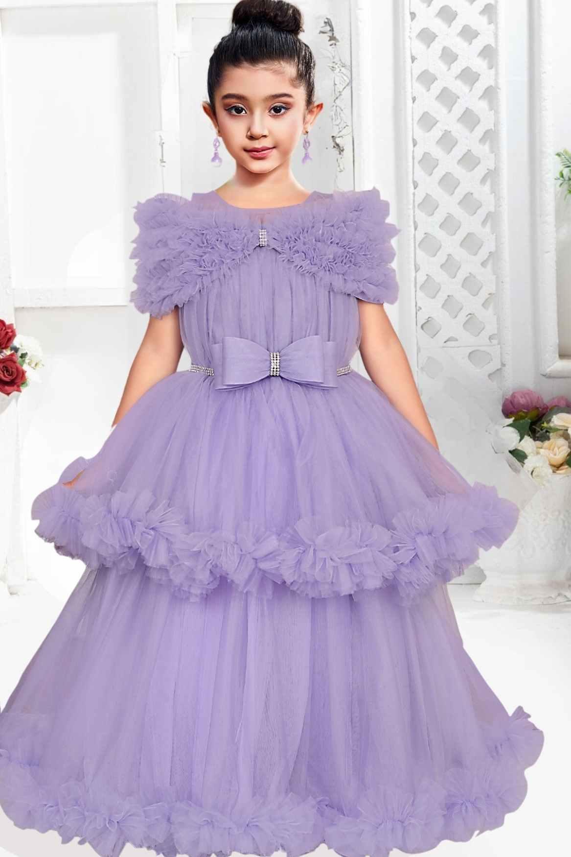 Lavender Net Gown With Ruffled Sleeves For Girls - Lagorii Kids