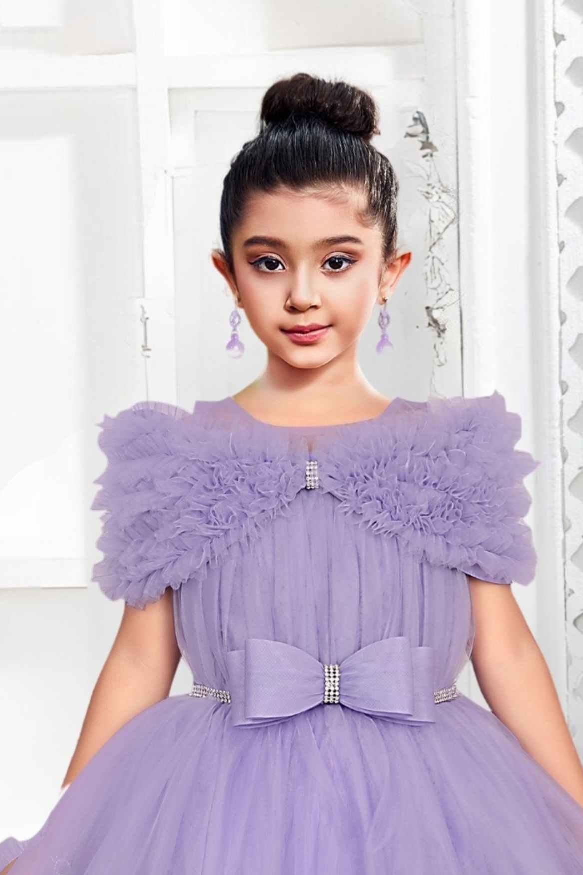 Lavender Net Gown With Ruffled Sleeves For Girls - Lagorii Kids