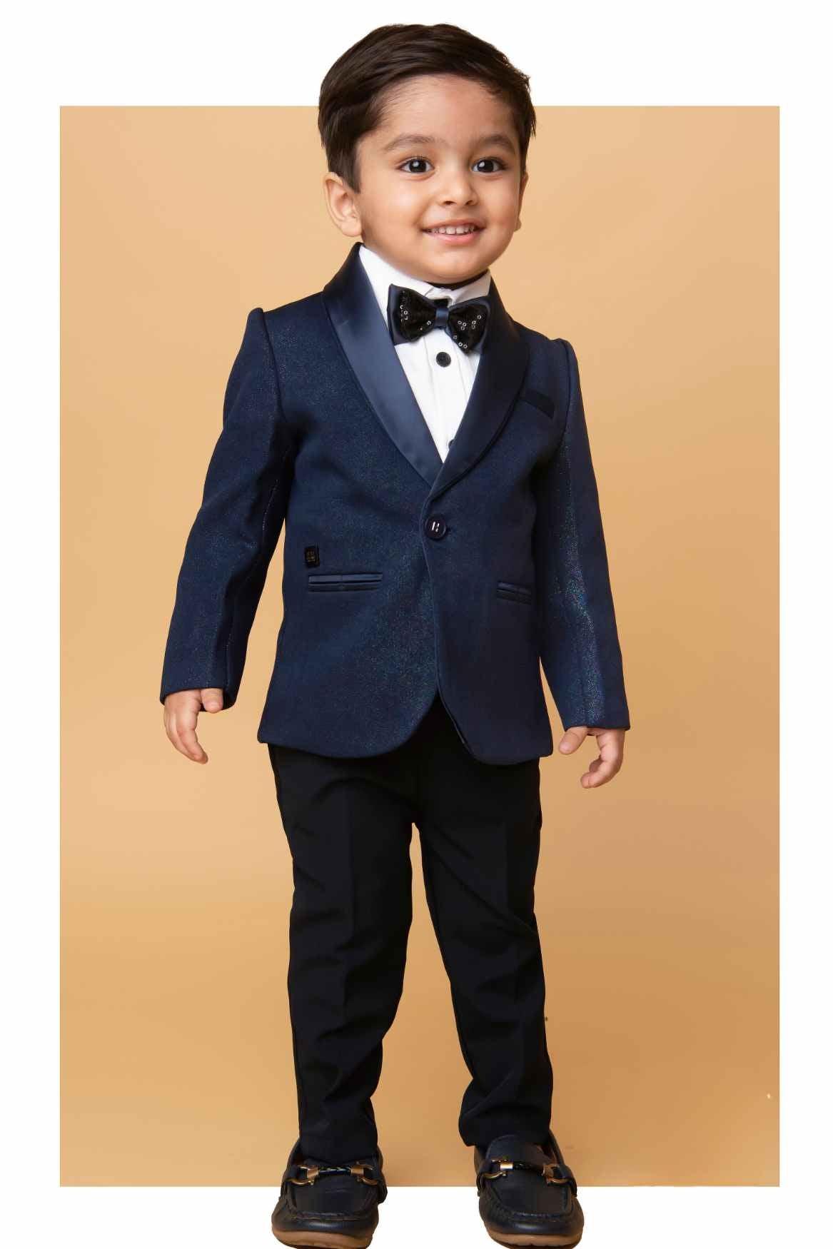 Little Collar's Navy Blue Tuxedo Suit With Bow For Boys - Lagorii Kids