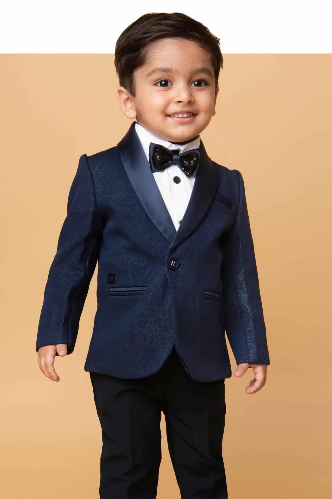 Little Collar's Navy Blue Tuxedo Suit With Bow For Boys - Lagorii Kids