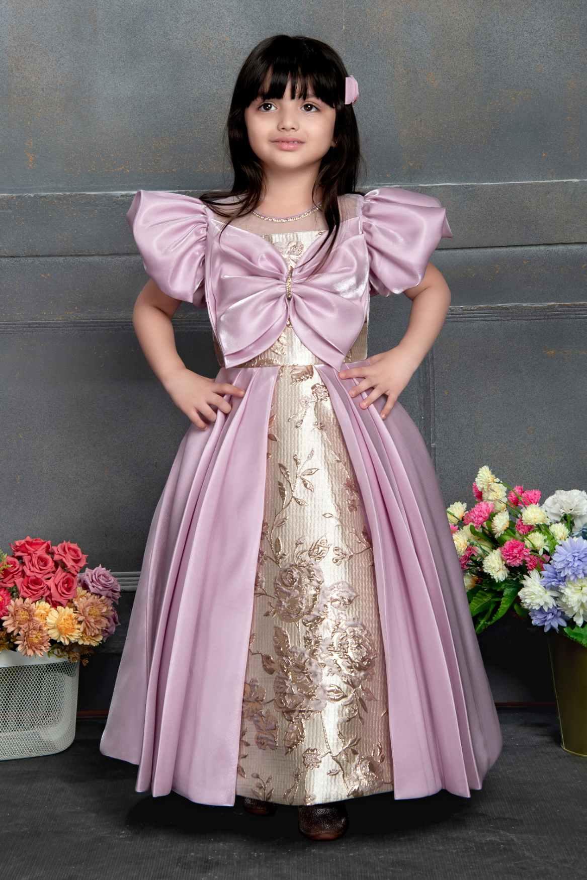 Pink And Gold Sequin Designer Party Gown With Bow Embellishment For Girls - Lagorii Kids