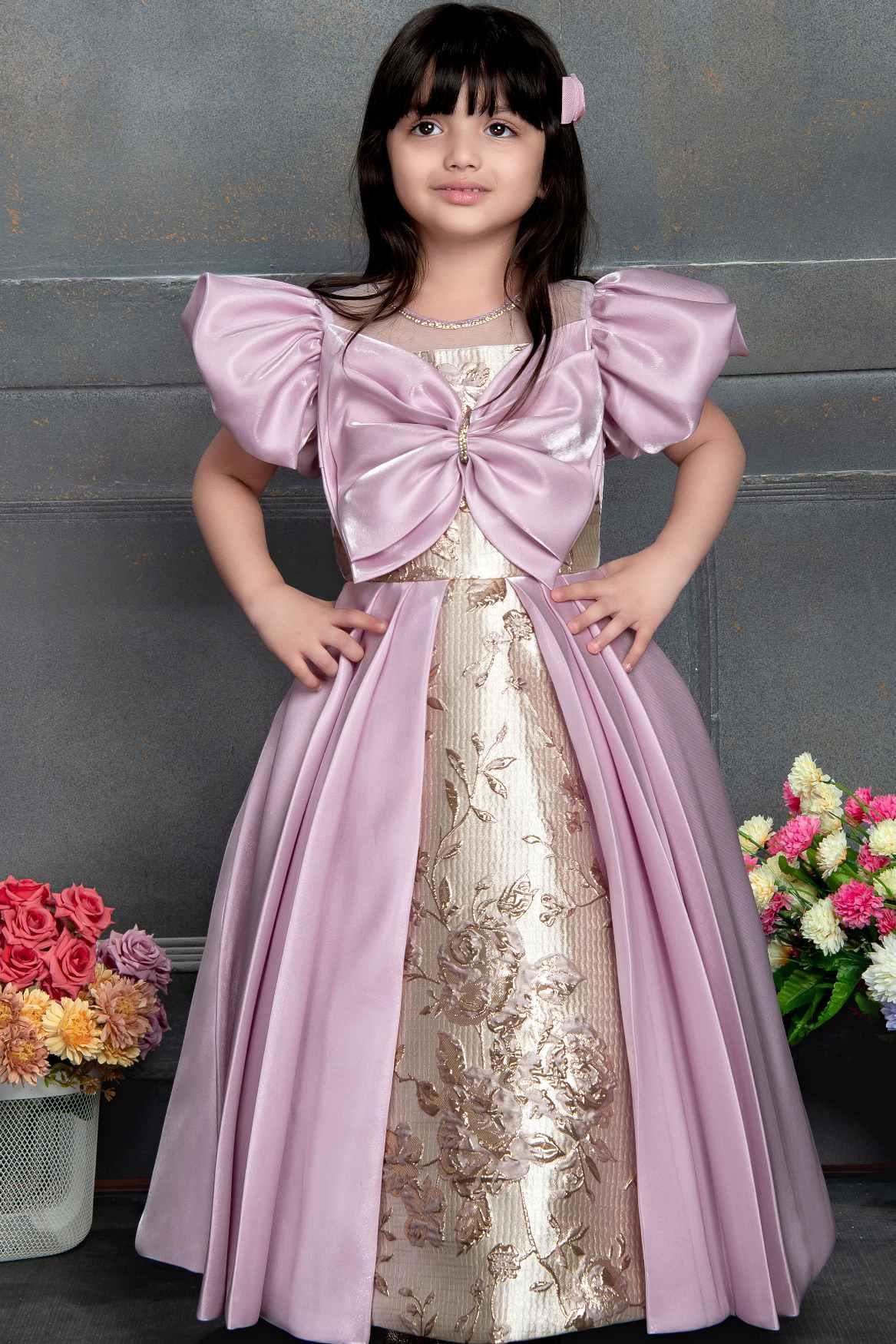Pink And Gold Sequin Designer Party Gown With Bow Embellishment For Girls - Lagorii Kids